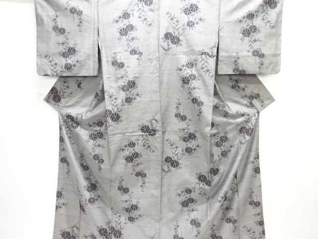 JAPANESE KIMONO / ANTIQUE KIMONO / SILK / TSUMUGI / WOVEN FLORAL PLANTS